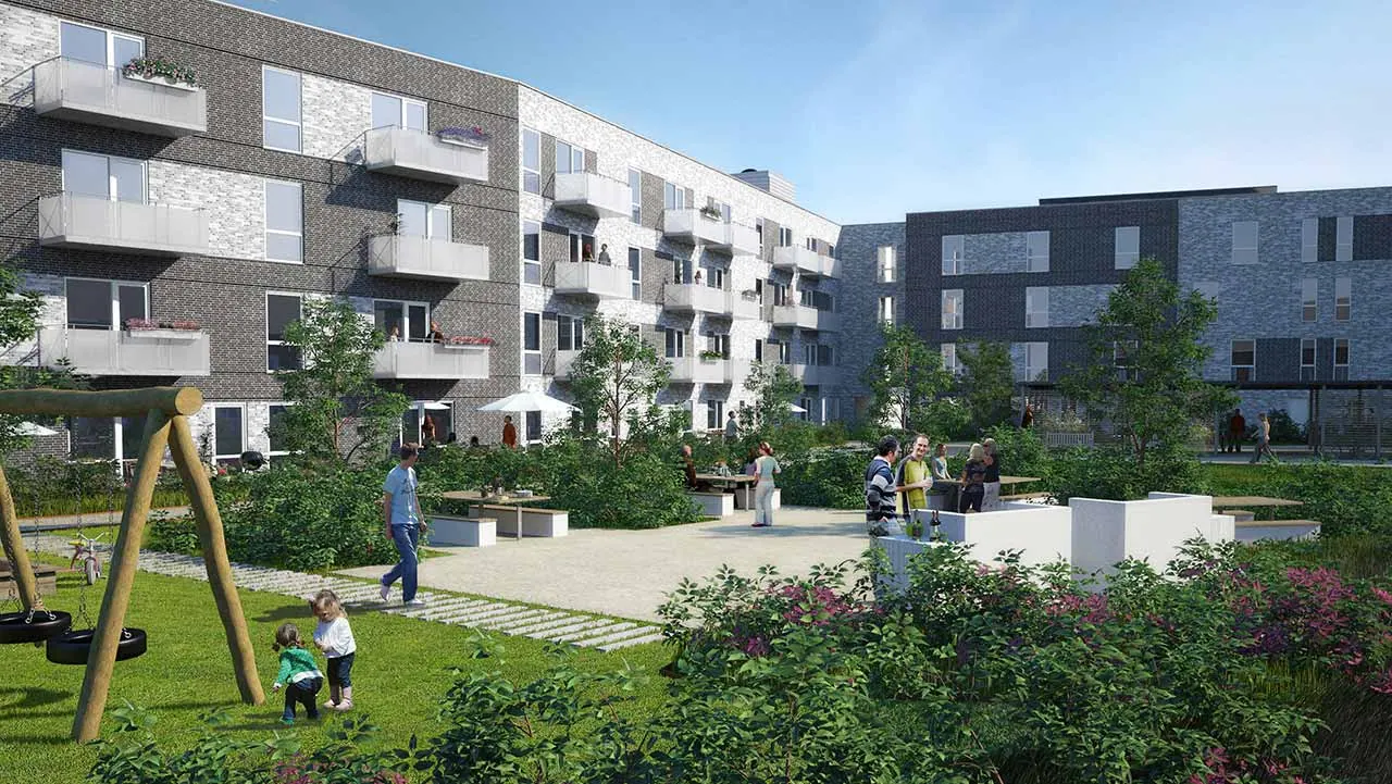 Gårdmiljø med beplantning ved Valby Maskinfabrik